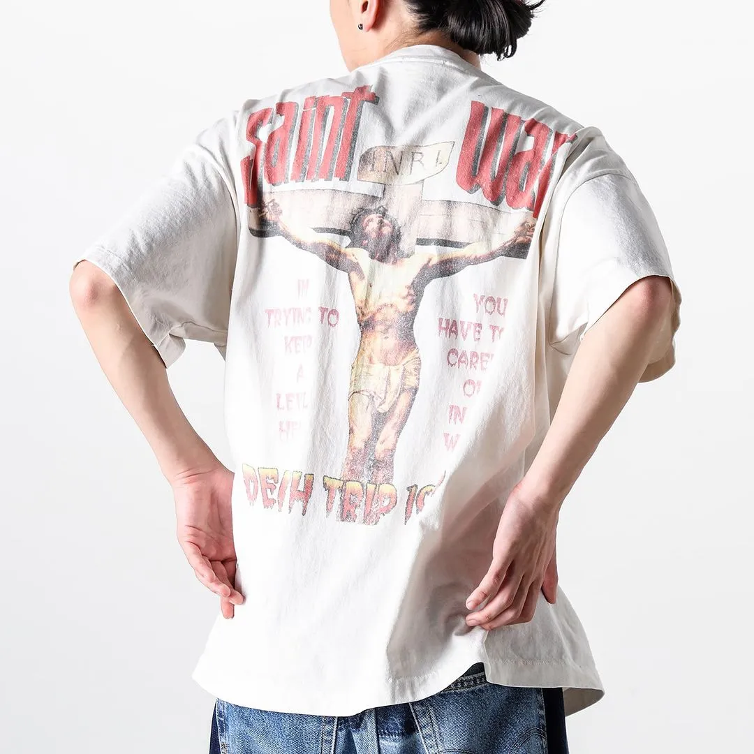 SAINT MICHAEL SAINT WAR TEE/WHAT new style Jesus cross retro short-sleeved, off-white S-XL, ready-to-wear, washed and distressed, printed repeatedly and modified, tube-woven seamless fabric, with little angel anti-counterfeiting label